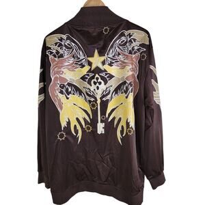 Jinzu Mens Y2K Birds Key Graphic Art Embroidered Bomber Jacket size XL Brown AOP